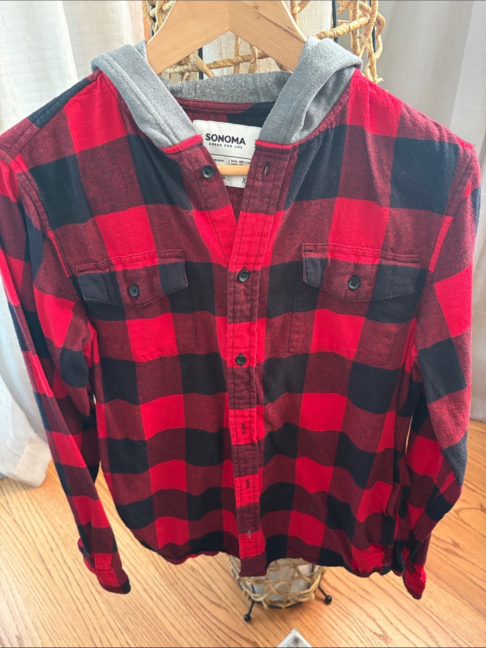 Sonoma Red and Black Buffalo Plaid Button-Down Hooded Shirt